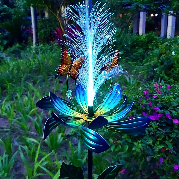 Solar Garden Wind Spinner, Blue Metal Lotus Flower with LED Lights, Butterfly Decorative Stake for Yard, Patio, Lawn