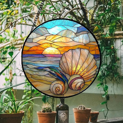 Stained Glass Window Hanging - Colorful Beach Shells Conch Sun Catcher for Door Home Decor Ocean Suncatcher Christmas Mother's Day Birthday Sea Lover Gifts for Women Men Mom Nana 6.3 in