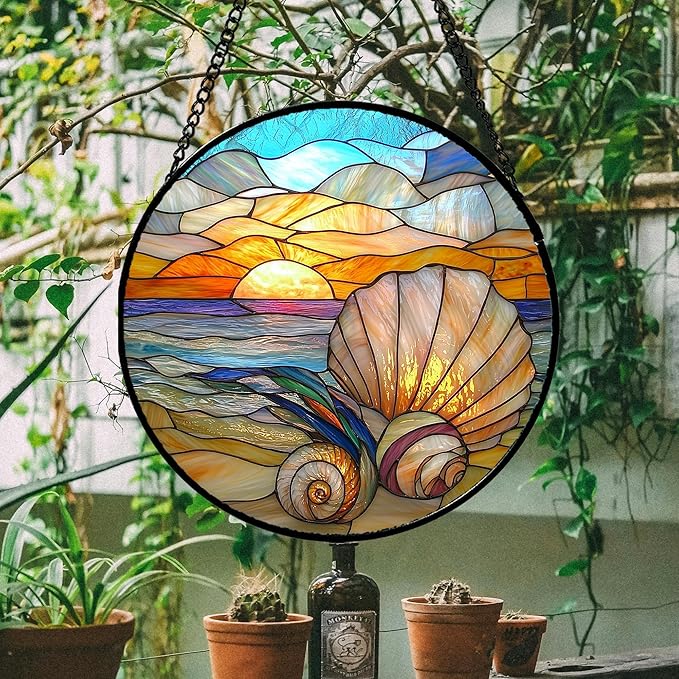 Stained Glass Window Hanging - Colorful Beach Shells Conch Sun Catcher for Door Home Decor Ocean Suncatcher Christmas Mother's Day Birthday Sea Lover Gifts for Women Men Mom Nana 11.8 in