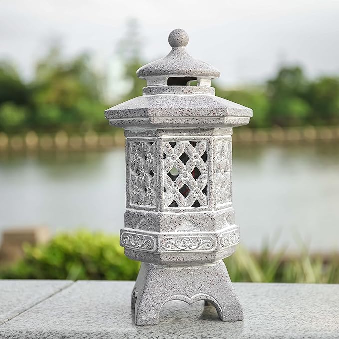 TERESA'S COLLECTIONS Pagoda Garden Statues with Solar Outdoor Light, Resin Zen Garden Lantern Asian Decor Outdoor Statues Lawn Ornaments Patio Porch Yard Decor Gifts for Dad 8.3'' (Stone Finish)