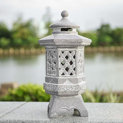 TERESA'S COLLECTIONS Pagoda Garden Statues with Solar Outdoor Light, Resin Zen Garden Lantern Asian Decor Outdoor Statues Lawn Ornaments Patio Porch Yard Decor Gifts for Dad 8.3'' (Stone Finish)