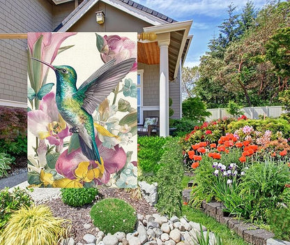 Spring Summer House Flag for Outside 28x40 Double Sided, Hummingbird Flowers Large Garden Flags Seasonal Farmhouse Holiday Yard Outdoor Decoration