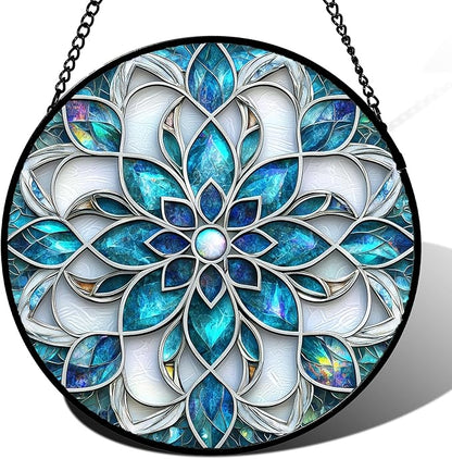 Stained Glass Window Hanging - Blue White Abstract Flowers Suncatcher for Door Terrace Garden Home Decor Boho Sun Catcher Birthday Gifts for Lovers Women Men Dad Mom Nana 9.8 in