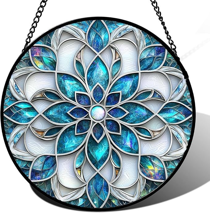 Stained Glass Window Hanging - Blue White Abstract Flowers Suncatcher for Door Terrace Garden Home Decor Boho Sun Catcher Birthday Gifts for Lovers Women Men Dad Mom Nana 15 in