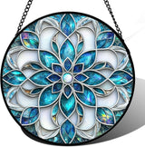 Stained Glass Window Hanging - Blue White Abstract Flowers Suncatcher for Door Terrace Garden Home Decor Boho Sun Catcher Birthday Gifts for Lovers Women Men Dad Mom Nana 6.3 in