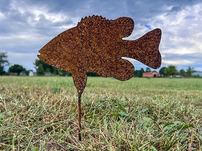 Metal Bass Stake Fish Sculpture Garden Yard Marker Rusty Rustic Decor