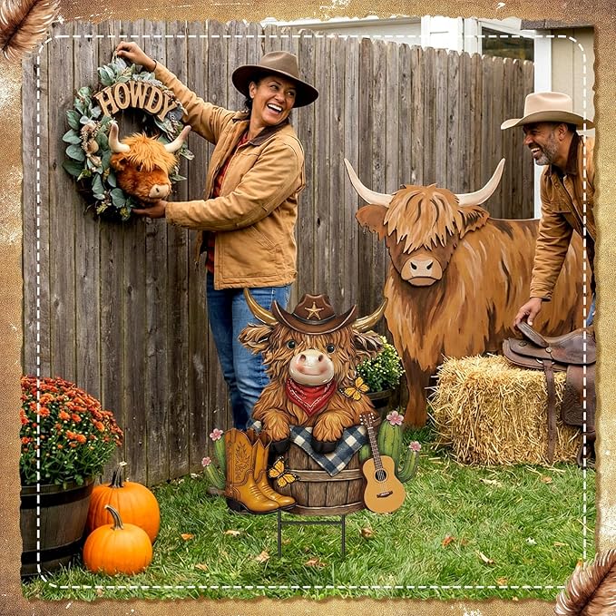 Amyhill Western Cowboy Highland Cow Outdoor Decor Cow Metal Garden Stakes Decorative Western Highland Calf Lovers Yard Signs with Stakes for Farmhouse Wild West Holiday Garden Lawn Decor