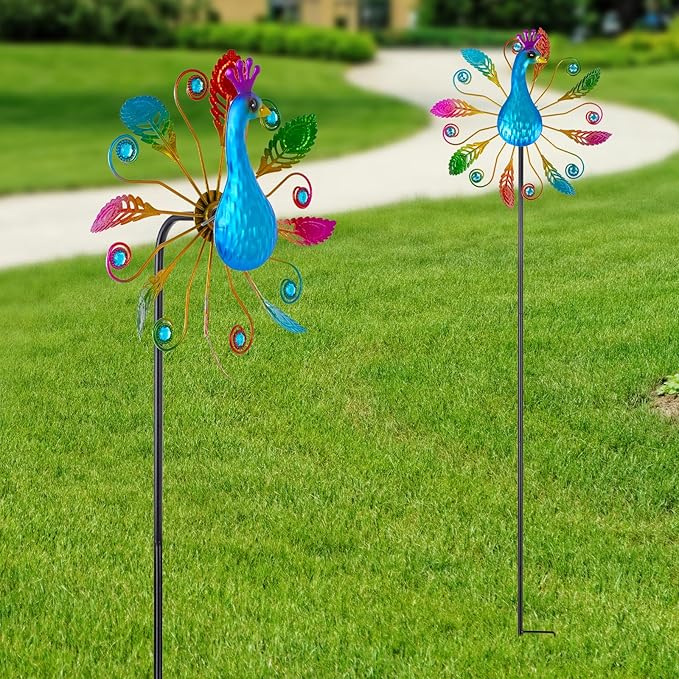 Colorful Peacock Wind Spinners Outdoor 2 Pcs, 38.2 Inch Tall Windmill for Yard Decor, Garden Wind Spinners with Vibrant Feather Design, Metal Garden Decor for Patio and Lawn