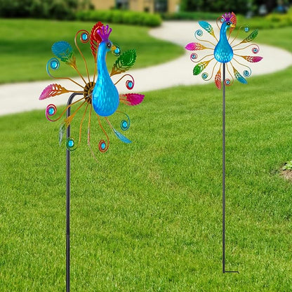Colorful Peacock Wind Spinners Outdoor 2 Pcs, 38.2 Inch Tall Windmill for Yard Decor, Garden Wind Spinners with Vibrant Feather Design, Metal Garden Decor for Patio and Lawn