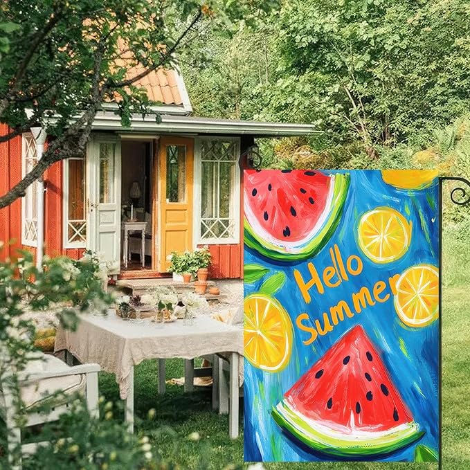 BlissYard Hello Summer Garden Flag Double Sided 12 x 18 Fruity Watermelon Lemon Juice Small Decorative Farmhouse Yard Seasonal Decor Outdoor Outside