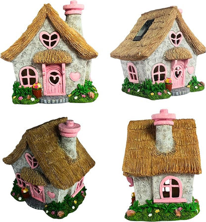 PRETMANNS Fairy House for Outside with Solar Powered LED Lights for Garden - Fairy Garden Houses for Outdoor - Miniature Accessories for Cottage Decor for Village - 7.56” High, Pink