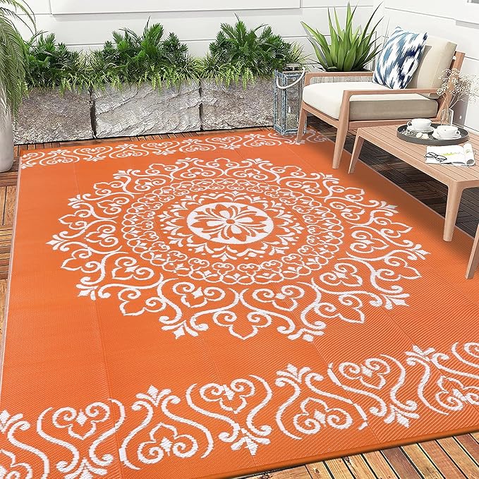 Pauwer Waterproof Outdoor Rug 8x10, Reversible Plastic Straw Patio Camping Rug, Indoor Outdoor RV Mat Carpet for Deck, Camper, Porch, Balcony, Backyard, Picnic, Floral Orange