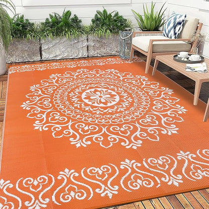 Pauwer Waterproof Outdoor Rug 8x10, Reversible Plastic Straw Patio Camping Rug, Indoor Outdoor RV Mat Carpet for Deck, Camper, Porch, Balcony, Backyard, Picnic, Floral Orange