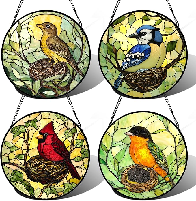 DASTOLL Stained Glass Window Hanging 4 Pcs Set Bird Theme On Branch 6.3" - Cardinal Suncatcher Door Garden Sun Catcher Decor Birthday Christmas for Mom Woman Nana Men