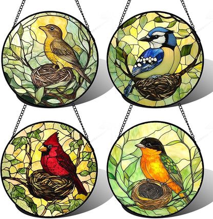 DASTOLL Stained Glass Window Hanging 4 Pcs Set Bird Theme On Branch Large 15" - Cardinal Suncatcher Door Garden Sun Catcher Decor Birthday Christmas for Mom Woman Nana Men