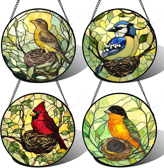 DASTOLL Stained Glass Window Hanging 4 Pcs Set Bird Theme On Branch Large 15" - Cardinal Suncatcher Door Garden Sun Catcher Decor Birthday Christmas for Mom Woman Nana Men