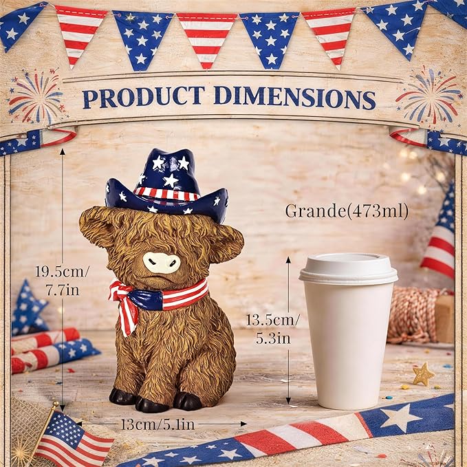 TISEJOY 8" 4th of July Decorations Outdoor Highland Cow Statue for Memorial Day, Highland Cow Decor,Patriotic Decorations for Home Decor, Stars and Stripes Highland Cow Figurines for Desk Garden