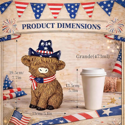 TISEJOY 8" 4th of July Decorations Outdoor Highland Cow Statue for Memorial Day, Highland Cow Decor,Patriotic Decorations for Home Decor, Stars and Stripes Highland Cow Figurines for Desk Garden