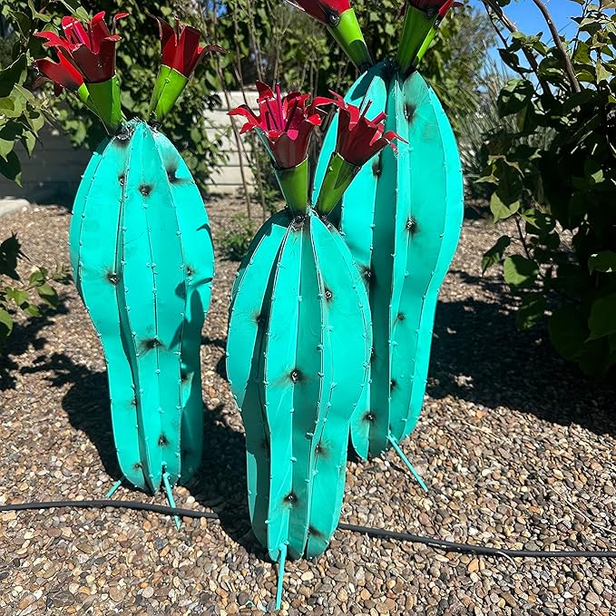 Handmade Metal Peanut Cactus with Flower - Garden Art (Turquoise (21 inches))