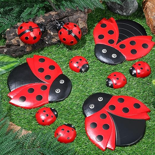 Hollowfly 10 Pcs Ladybugs Stones Decor for Outside Metal Ladybugs Art Lawn Ornaments 3 Size Lively Ladybug Holiday Yard Decorations Ladybug Gifts Mom Gifts Lady Bugs Yard Decorations