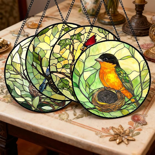 DASTOLL Stained Glass Window Hanging 4 Pcs Set Bird Theme On Branch Large 11.8" - Cardinal Suncatcher Door Garden Sun Catcher Decor Birthday Christmas for Mom Woman Nana Men