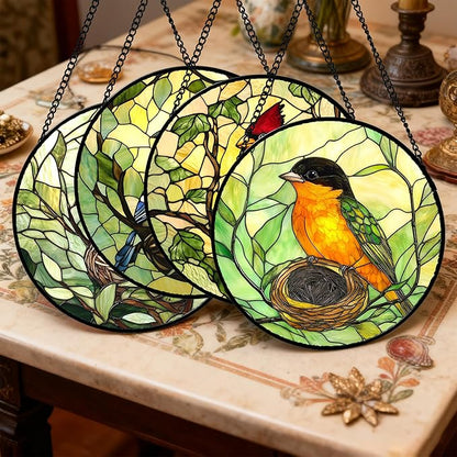 DASTOLL Stained Glass Window Hanging 4 Pcs Set Bird Theme On Branch 9.8" - Cardinal Suncatcher Door Garden Sun Catcher Decor Birthday Christmas for Mom Woman Nana Men