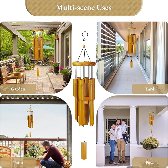 Bamboo Wind Chimes Outdoor, Wooden Wind Chimes for Outside with Melody Deep Tone, Classic Zen Garden Windchime for Relaxation, Grace.Home Décor for Patio, Garden or Indoor