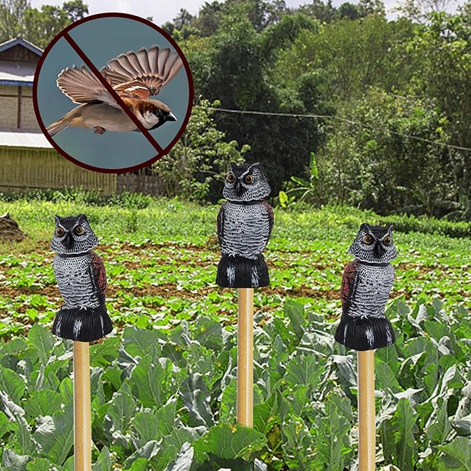 Hausse 3 Pack Bird Scarecrow Mini Fake Owl Decoy Sculpture, 8.26 inch Wagging Head Plastic Small Owl Bird Deterrents, Nature Enemy Horned Pest Repellent for Outdoor Garden Yard