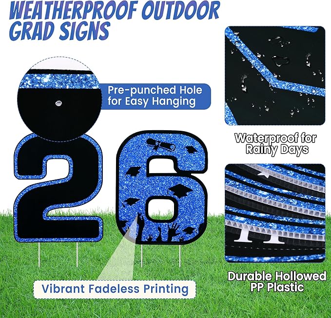 13Pcs Graduation Yard Signs Class of 2026 Large Congrats Grad Sign with Stakes & String Hanging Graduation Decorations for Indoor Outdoor Yard Lawn Porch School (Blue)
