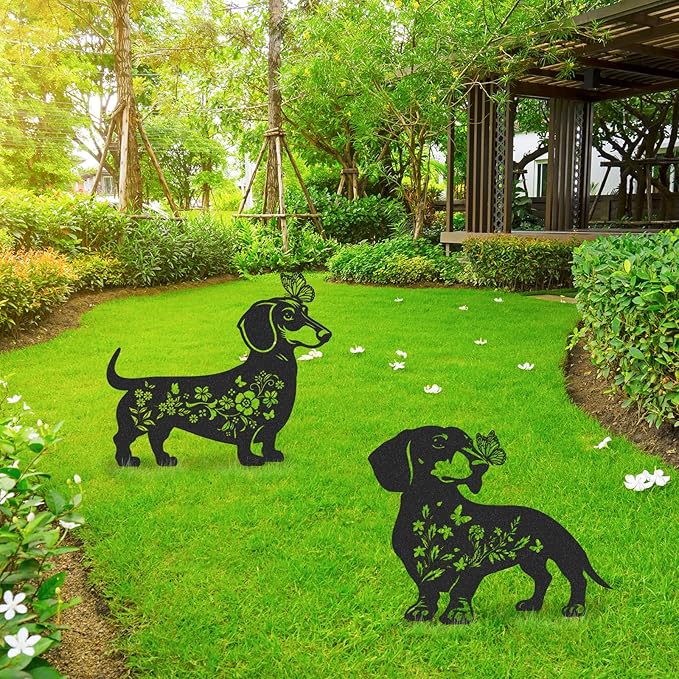 Dachshund Garden Stakes Decorations - 2 Pcs Metal Dog Lover Statues Set Decor for Yard Black Butterfly Gifts Silhouette Lawn Ornaments Outdoor Cute Art Flowers Patio Signs Animals Sculpture