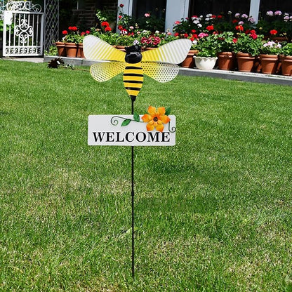 Garden Decor Metal Welcome Yard Stakes Spring Lawn Art Patio Decorative Plant Stake for Flower Pot Pathway Porch Backyard Indoor Outdoor Decoration (Bee)