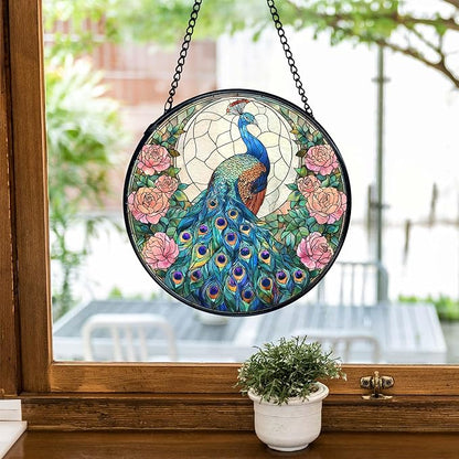 TNUW Peacock Flower Stained Glass Window Hanging, Peacock Decor Sun Catchers Indoor Window Glass Round Wall Art Decor, Bird Floral Wall Hanging Decorations, 7.9＂x7.9＂Suncatchers