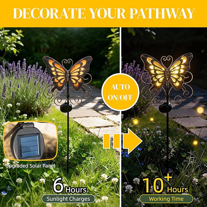 Butterfly Solar Lights for Outside, 36 inches Waterproof Metal Solar Pathway Lights, Large Solar Butterfly Lights Outdoor Garden Decor, Warm Amber LED Stake Lights Outdoor Yard