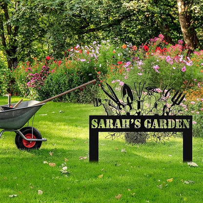 Personalized Metal Garden Signs with Stake, Custom Garden Tool Signs for Outside Waterproof, Customized Name Sign Yard Lawn Gardens Decor Gardening Gifts for Moms Grandmas Gardeners