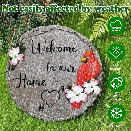 Welcome to Our Home-Resin Stepping Stone,Outdoor Garden Pathway Decoration,Round Red Hummingbird Decorative Stone for Garden,Walkway Sculpture Yard Art for Patio,Home Decor