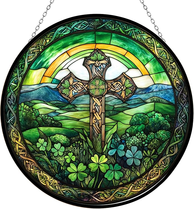Irish Cross Suncatchers for Windows,6.3” Stained Glass Window Hangings,Hand-Painted Glass Panel Perfect for Home Décor
