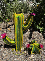 Colorful Metal Saguaro Cactus with Flowers - Handmade Garden Decor (Multicolor)