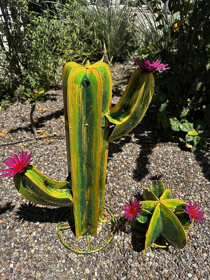 Colorful Metal Saguaro Cactus with Flowers - Handmade Garden Decor (Multicolor)