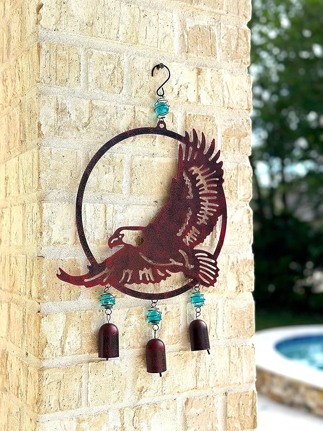 Wind Chime Eagle American Hanging Decor for Outdoor Metal W Glass Rustic Lawn Yard Patriotic 19" x 12"