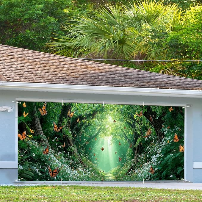16x7 ft Enchanted Forest Banner for Two Car Garage - Fits Double Garage Door, Magical Sunlight Forest Path with Butterflies Large Backdrop, Garden Yard Sign & Meditation Space