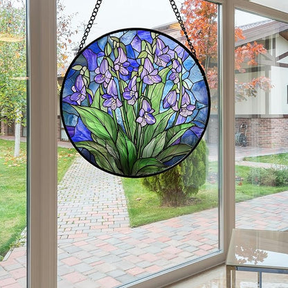 Stained Glass Suncatcher, Blue Purple Flowers Green Leaves Sun Catcher Plants Stain Glass Window Hanging Decoration Mother's Day Birthday Gifts for Women Men Mom and Nana 15 in