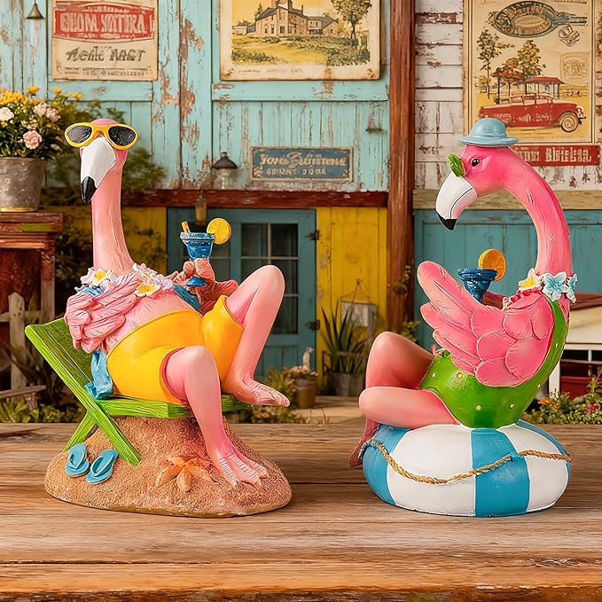 Teaeeno Pink Flamingo Figurines with Beach Chair Resin Bird Sculpture, Large Flamingo Ornaments for Coastal Home Wedding Decor, Housewarming Flamingo Gifts for Lady, Tropical Holiday Decor on Desk