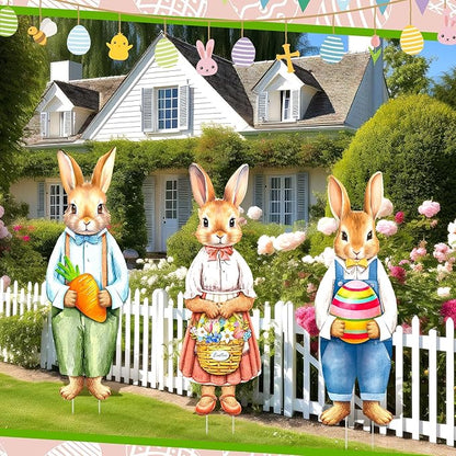 Umigy 3 Pcs Easter Yard Decor Elegant Easter Sign with Stakes 32 x 10 Inch Bunny Holding Carrots Eggs Baskets Lawn Decor Cute Yard Decoraitons for Home Pathway Walkway