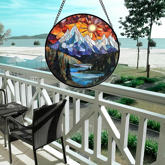 Stained Glass Window Hanging - Colorful Mountain Lake Landscape Sun Catcher for Door Garden Home Decor Suncatcher Christmas Mother's Day Birthday Gifts for Women Men Mom Nana 11.8 in