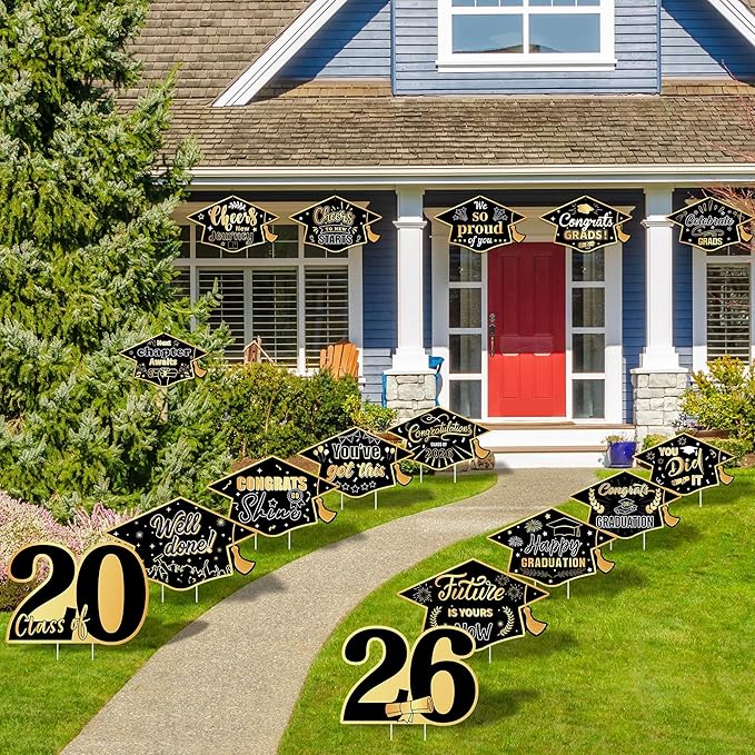 16 Pieces 2026 Graduation Yard Signs Plastic Congrats Grad Decor with 32 Stake and Ribbon Graduate Cap Hanging Yard Sign for Party Outdoor Lawn Pathway Walkway Decorations(Black and Gold)