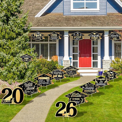 16 Pieces 2026 Graduation Yard Signs Plastic Congrats Grad Decor with 32 Stake and Ribbon Graduate Cap Hanging Yard Sign for Party Outdoor Lawn Pathway Walkway Decorations(Black and Gold)
