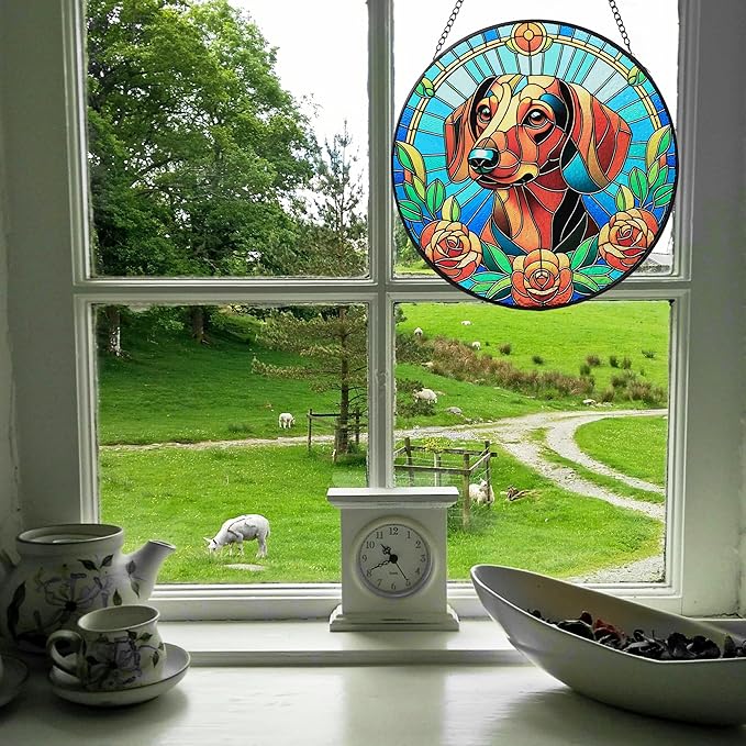 Stained Glass Dog Memorial Suncatcher,Dachshund Window Hanging,Sympathy Gifts for Pet Loss,7.9 inch/20 cm Home and Garden Decor for Dog Lovers