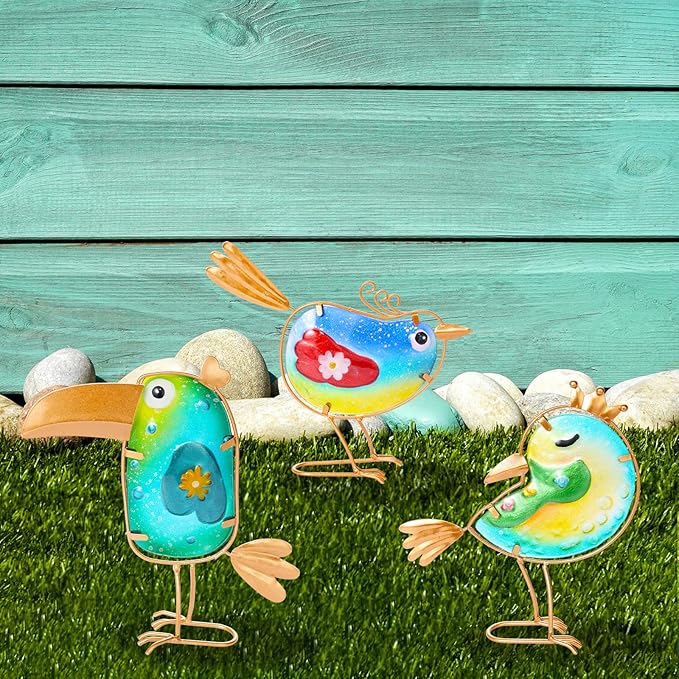 Stained Glass Bird Decor for Home, Metal Garden Decor for Outside, Spring Outdoor Art Decor for Garden, Patio, Porch and Front Yard, Home Blue Bird Figurines Decorations (3 PCS)