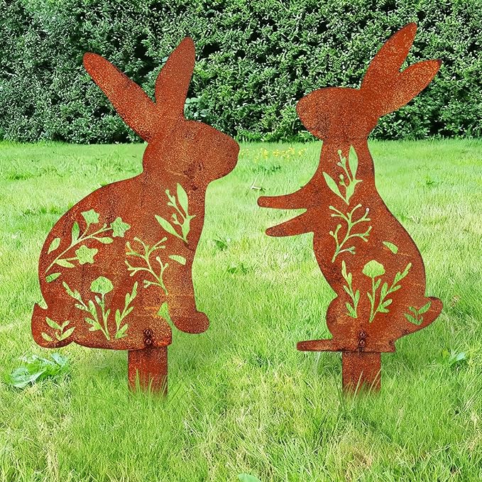 2 Pcs Easter Metal Rabbit Garden Stake Rusty Bunny Garden Decor Rustic Iron Rabbit Silhouette Decoration Art Flower Metal Cutout Sign Floor Standing Sculpture for Yard Decor Holiday Outdoor