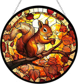 Squirrel Stained Glass Window Hanging 12” Round Handicraft Blue Flower Glass Window Panel Farmhouse Style Window Suncatcher Perfect Window Hangings Housewarming Gift (with Chain Hook)